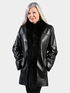 Woman's Black Nappa Leather Stroller with Black Fox  Tuxedo Front Reversible to Rain Taffeta