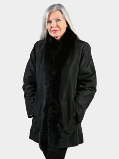 Woman's Black Nappa Leather Stroller with Black Fox  Tuxedo Front Reversible to Rain Taffeta