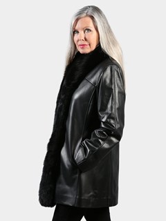 Woman's Black Nappa Leather Stroller with Black Fox  Tuxedo Front Reversible to Rain Taffeta
