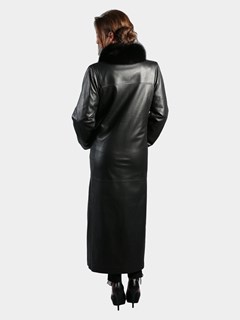 Woman's Black Nappa Leather Coat with Black Fox Tuxedo Front Reversible to Rain Taffeta