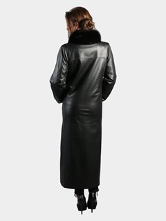 Woman's Black Nappa Leather Coat with Black Fox Cuffs and Tuxedo Front Reversible to Rain Taffeta