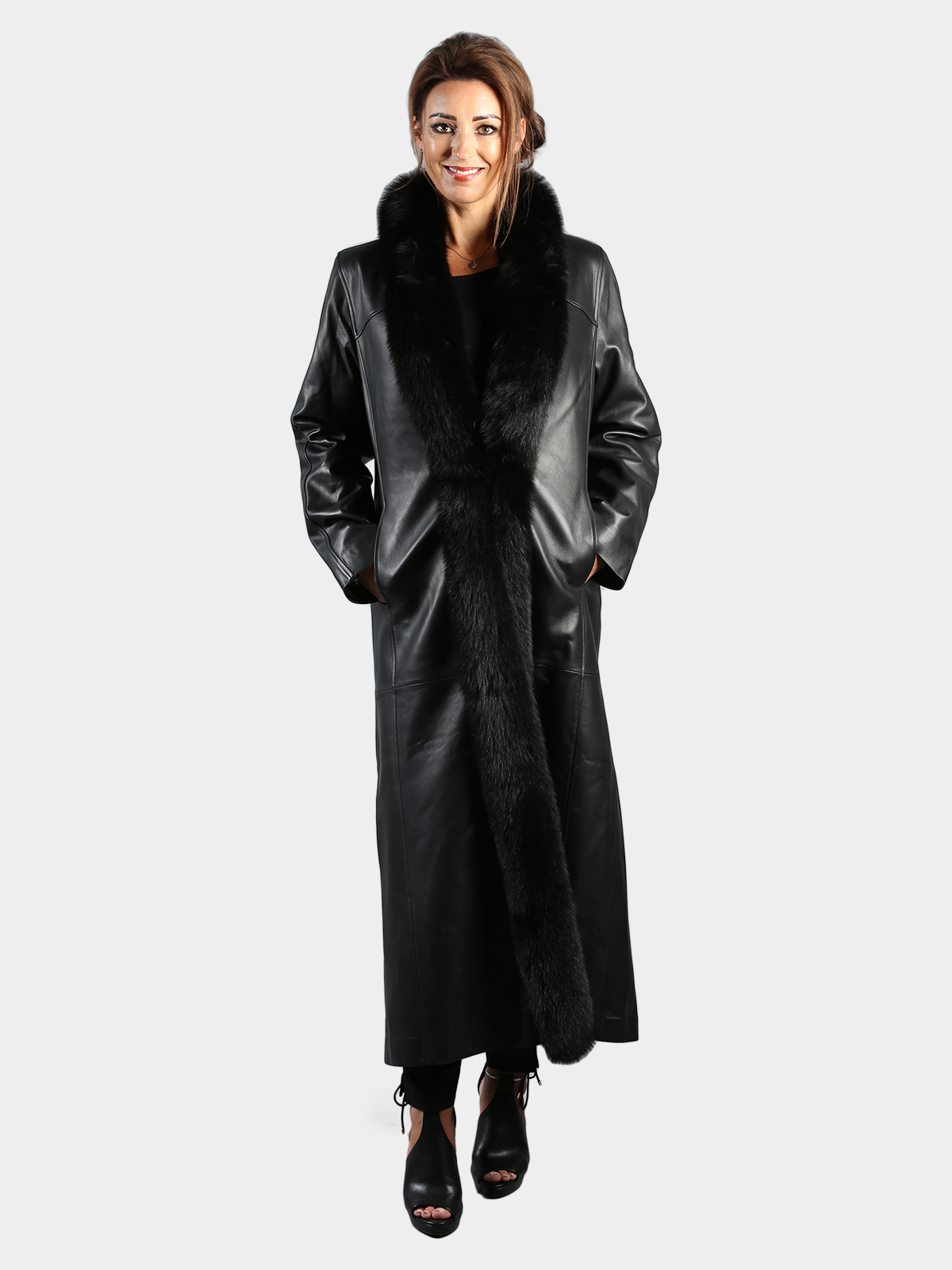 Woman's Black Nappa Leather Coat with Black Fox Cuffs and Tuxedo Front Reversible to Rain Taffeta