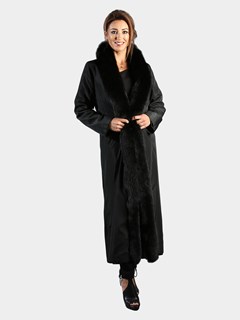 Woman's Black Nappa Leather Coat with Black Fox Cuffs and Tuxedo Front Reversible to Rain Taffeta