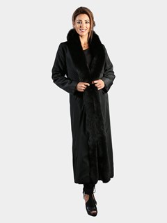 Woman's Black Nappa Leather Coat with Black Fox Tuxedo Front Reversible to Rain Taffeta
