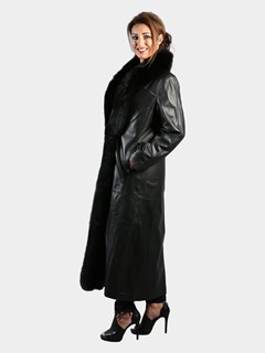 Woman's Black Nappa Leather Coat with Black Fox Cuffs and Tuxedo Front Reversible to Rain Taffeta