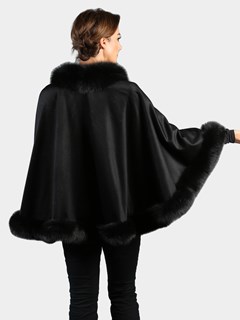 Woman's Black Cashmere Wool Cape with Matching Fox Trim