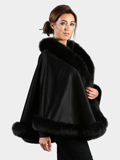 Woman's Black Cashmere Wool Cape with Matching Fox Trim