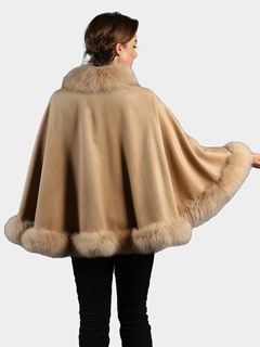 Woman's Camel Cashmere Wool Cape with Matching Fox Trim