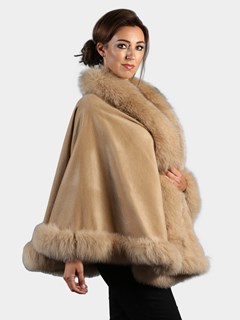 Woman's Camel Cashmere Wool Cape with Matching Fox Trim