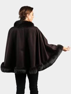 Woman's Brown Cashmere Wool Cape with Matching Fox Trim