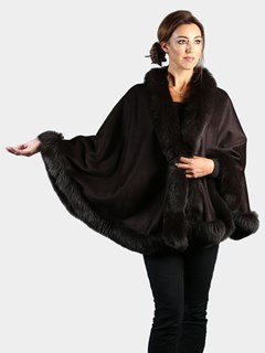 Woman's Brown Cashmere Wool Cape with Matching Fox Trim