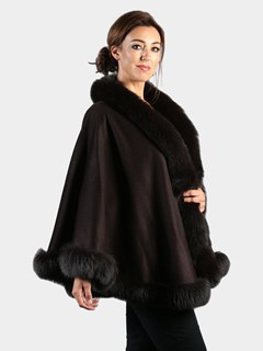 Woman's Brown Cashmere Wool Cape with Matching Fox Trim