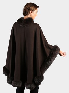 Woman's Brown Cashmere Wool Cape with Matching Fox Trim