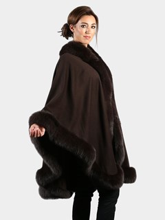 Woman's Brown Cashmere Wool Cape with Matching Fox Trim