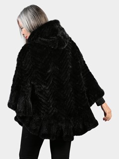 Woman's Black Knitted Mink Fur Zipper Poncho with Hood