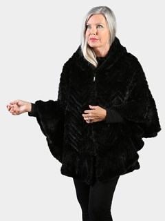 Woman's Black Knitted Mink Fur Zipper Poncho with Hood