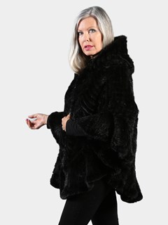 Woman's Black Knitted Mink Fur Zipper Poncho with Hood