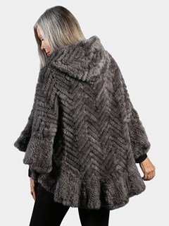 Woman's Grey Knitted Mink Fur Zipper Poncho with Poncho Hood