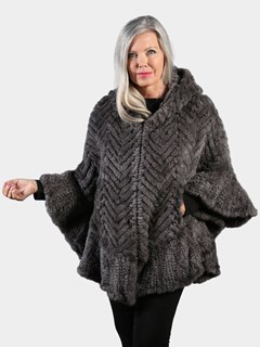 Woman's Grey Knitted Mink Fur Zipper Poncho with Poncho Hood