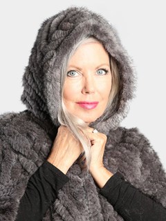 Woman's Grey Knitted Mink Fur Zipper Poncho with Poncho Hood