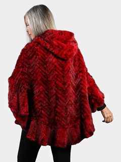 Woman's Red Knitted Mink Fur Zipper Poncho with Hood