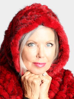 Woman's Red Knitted Mink Fur Zipper Poncho with Hood