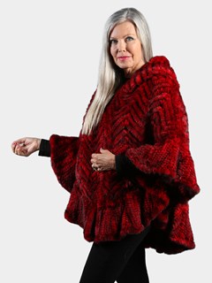 Woman's Red Knitted Mink Fur Zipper Poncho with Hood
