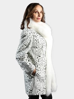 Woman's White Animal Print Goat Fur Stroller with White Fox Tuxedo Front