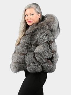 Woman's Natural Indigo Fox Fur Jacket With Hood