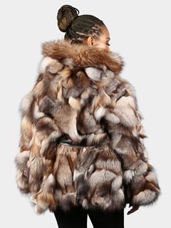 Woman's Natural Section Crystal Fox Fur Poncho With Hood