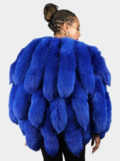 Woman's Royal Blue Dyed Leather Poncho with Fox Fur Tails - Out of Stock - available via special order only - contact sales@dayfurs.com 
