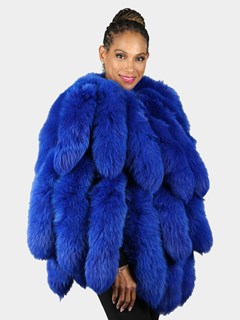 Woman's Royal Blue Dyed Leather Poncho with Fox Fur Tails - Out of Stock - available via special order only - contact sales@dayfurs.com 