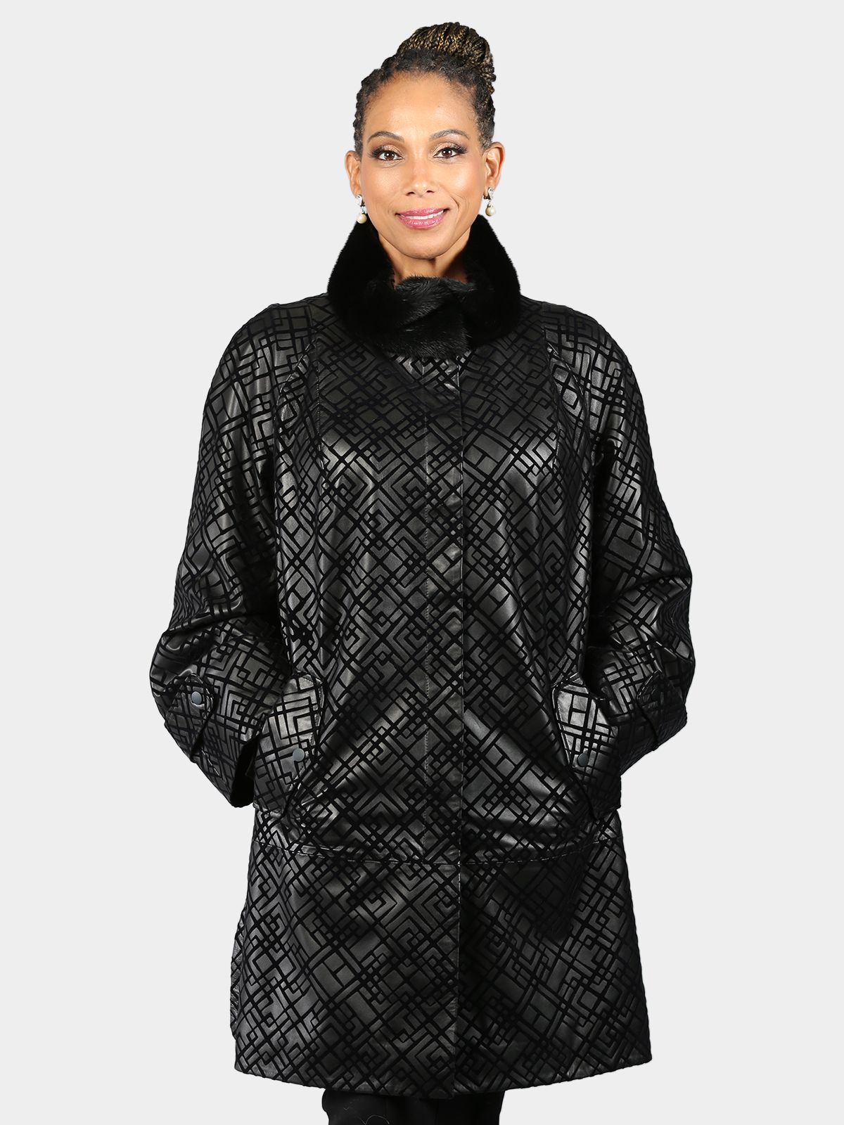 Woman's Black and Iris Geometric Patterned Lambskin Leather Stroller