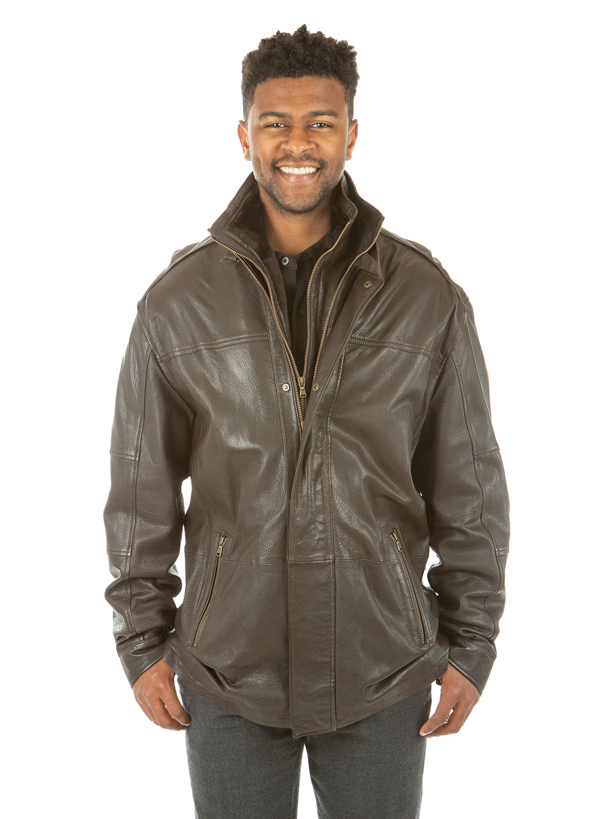 Man's Brown Leather Zipper Jacket with Detachable Shearling Lamb Collar