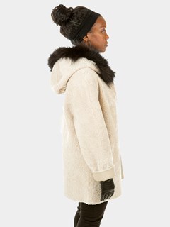 Gorski Woman's Cream Shearling Parka with Black Fox Trim on Hood