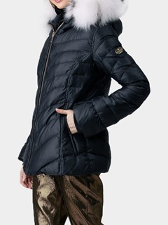Gorski Woman's Black Fabric Parka with White Fox Hood Trim