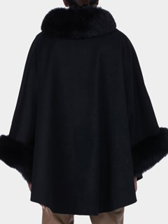 Gorski Woman's Black Wool and Cashmere Cape with Fox Trim