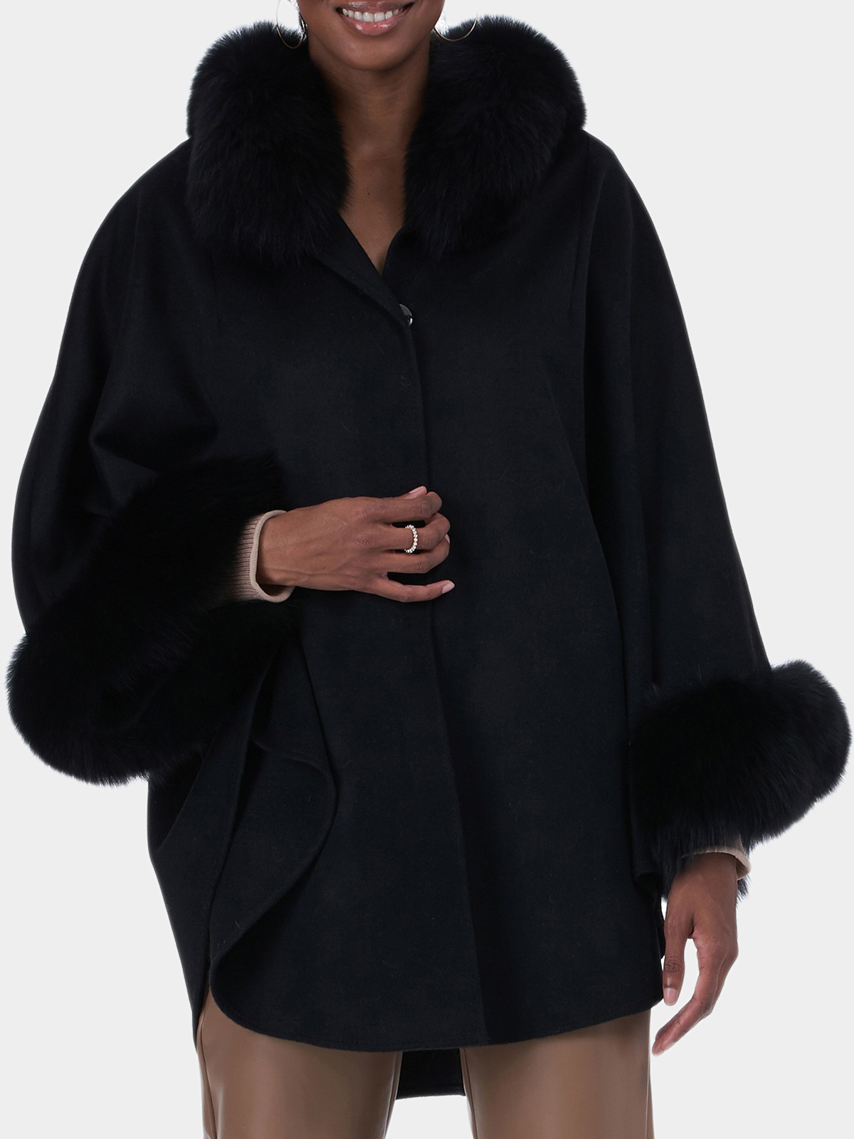 Gorski Woman's Black Wool and Cashmere Cape with Fox Trim