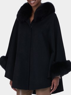 Gorski Woman's Black Wool and Cashmere Cape with Fox Trim