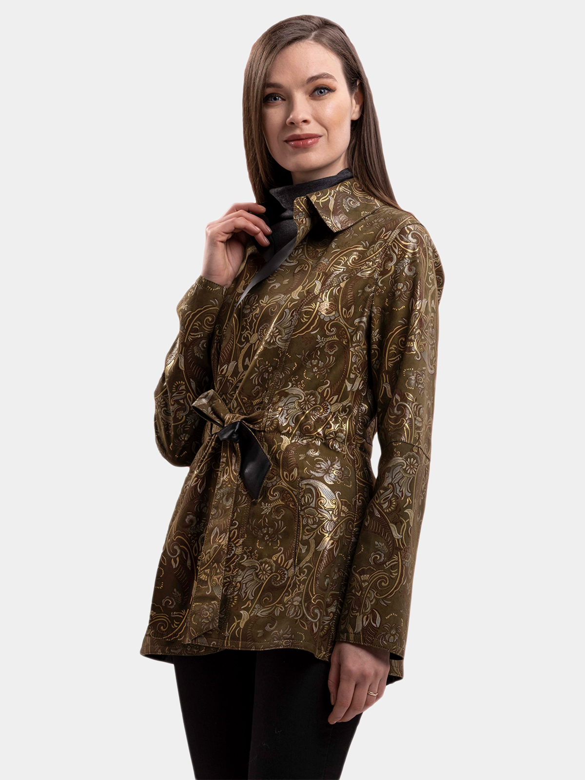 Woman's New Olive Floral Print Leather Jacket
