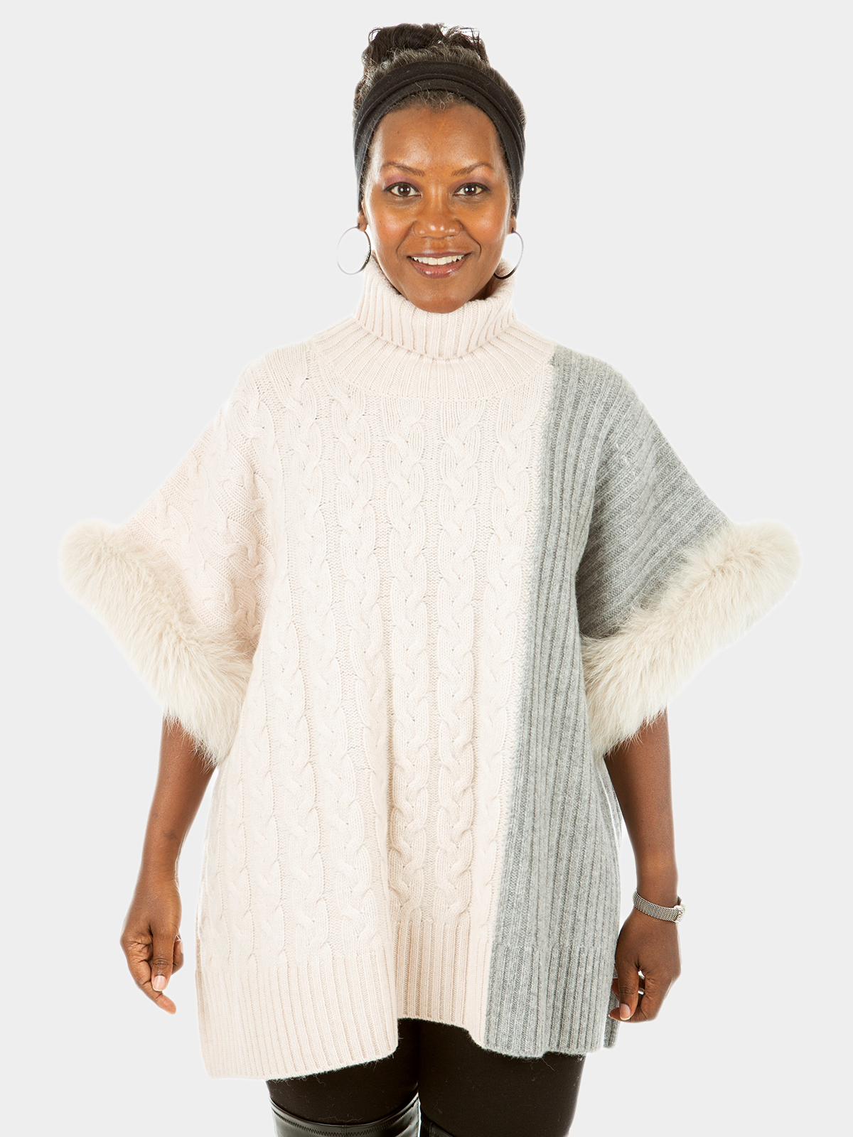 Woman's New Ivory and Grey Knitted Turtleneck Poncho