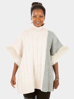 Woman's New Ivory and Grey Knitted Turtleneck Poncho