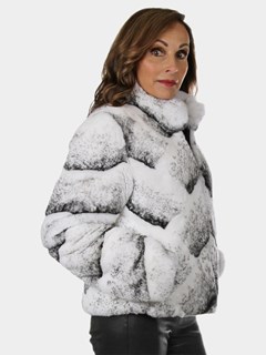 Fur Jacket - Rex Rabbit Fur with Fox Fur Collar - Grey