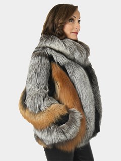 Woman's New Natural Red and Silver Fox Fur Jacket with Rex Rabbit Inserts