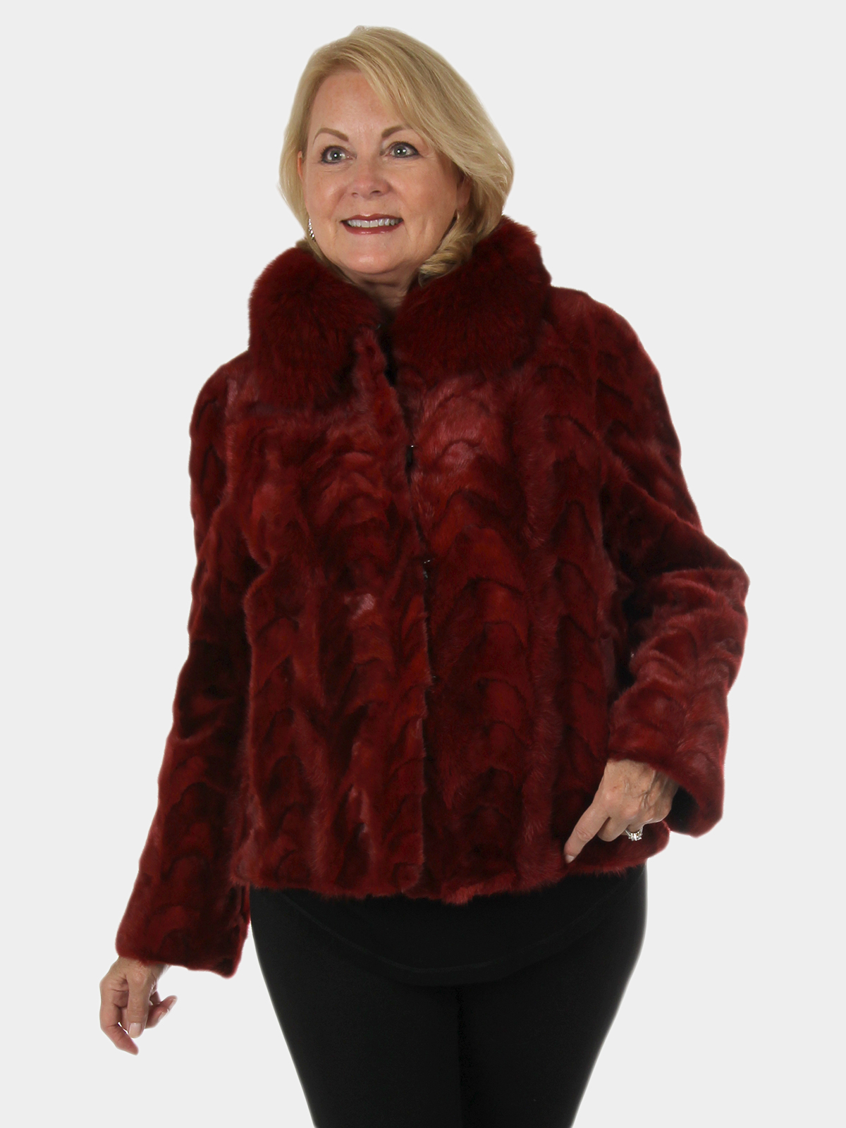 Woman's New Berry Red Sectioned Mink Fur Jacket
