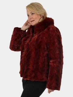 Woman's New Berry Red Sectioned Mink Fur Jacket