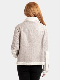 Woman's Pearl Astragan Shearling Jacket with Snow White Astragan Shearling Trim Reversible to Snow White Astragan Shearling