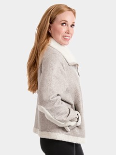 Woman's Pearl Astragan Shearling Jacket with Snow White Astragan Shearling Trim Reversible to Snow White Astragan Shearling