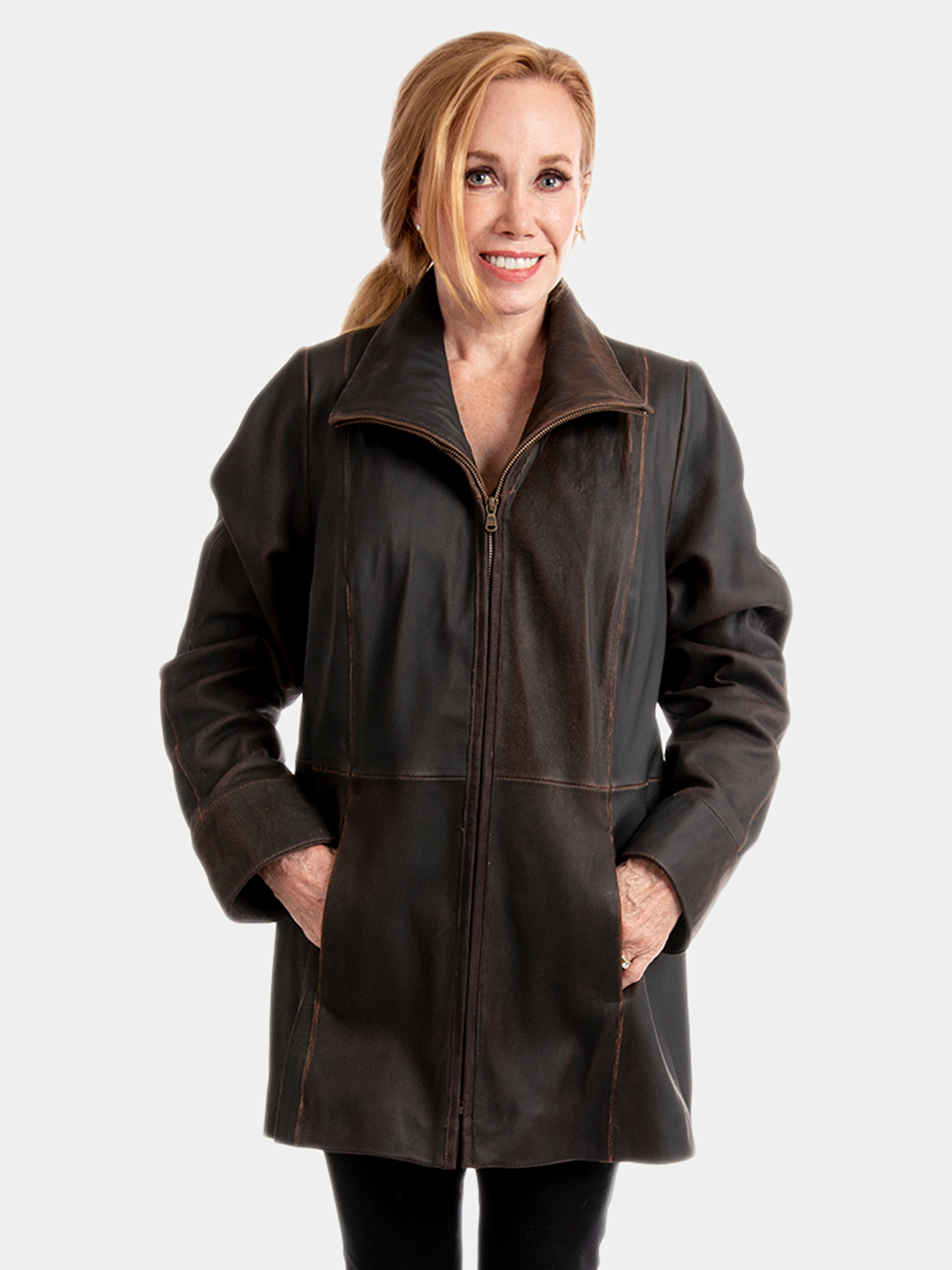 Woman's Cognac Leather Lambskin Zippered Jacket