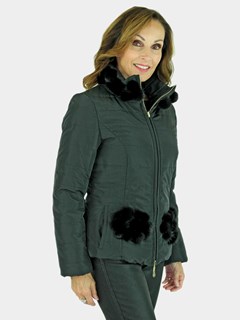 Woman's Black Quilted Fabric Zipper Jacket with Matching Mink Fur Trim